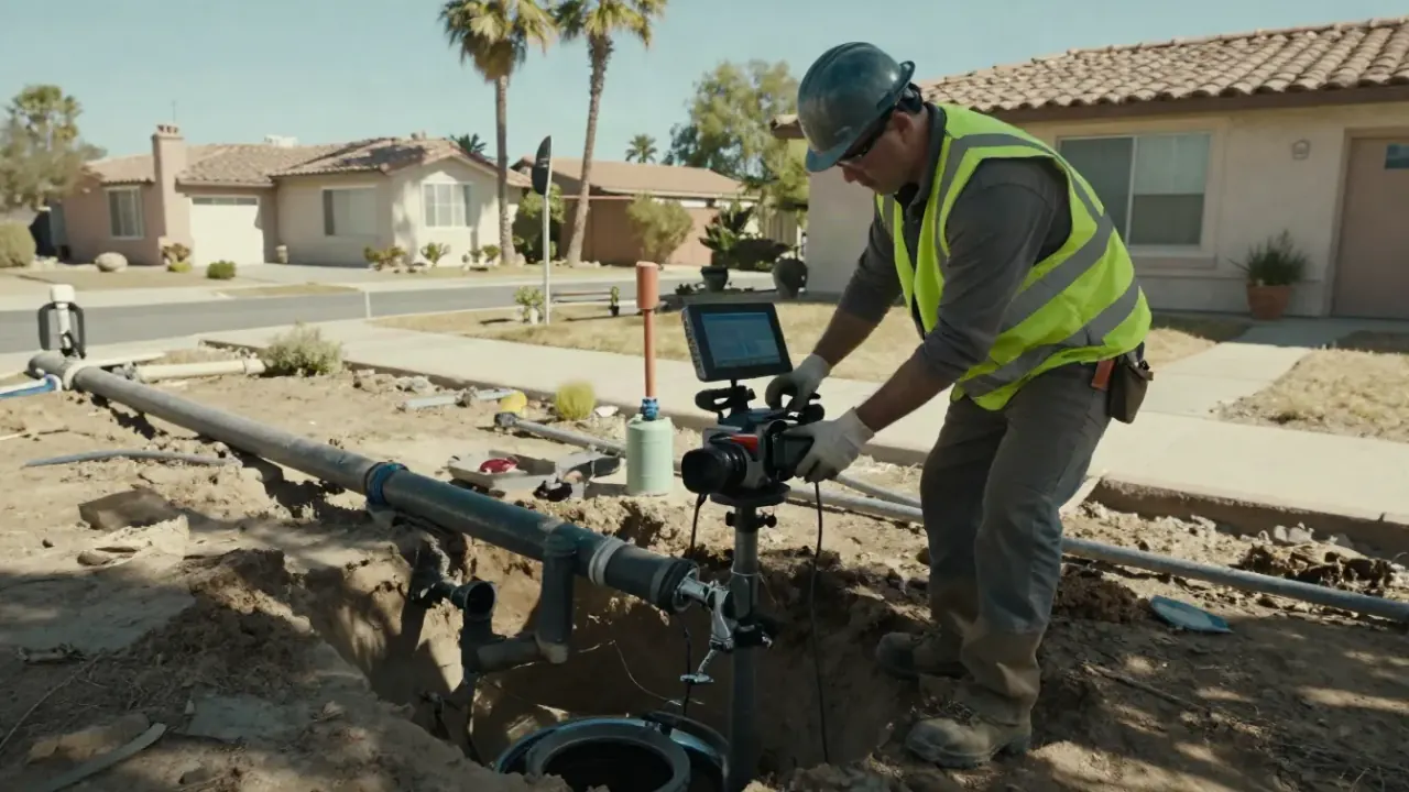 Sewer Line Repair in Stanton, California: sewer line technician explaining findings from a sewer camera inspection on a