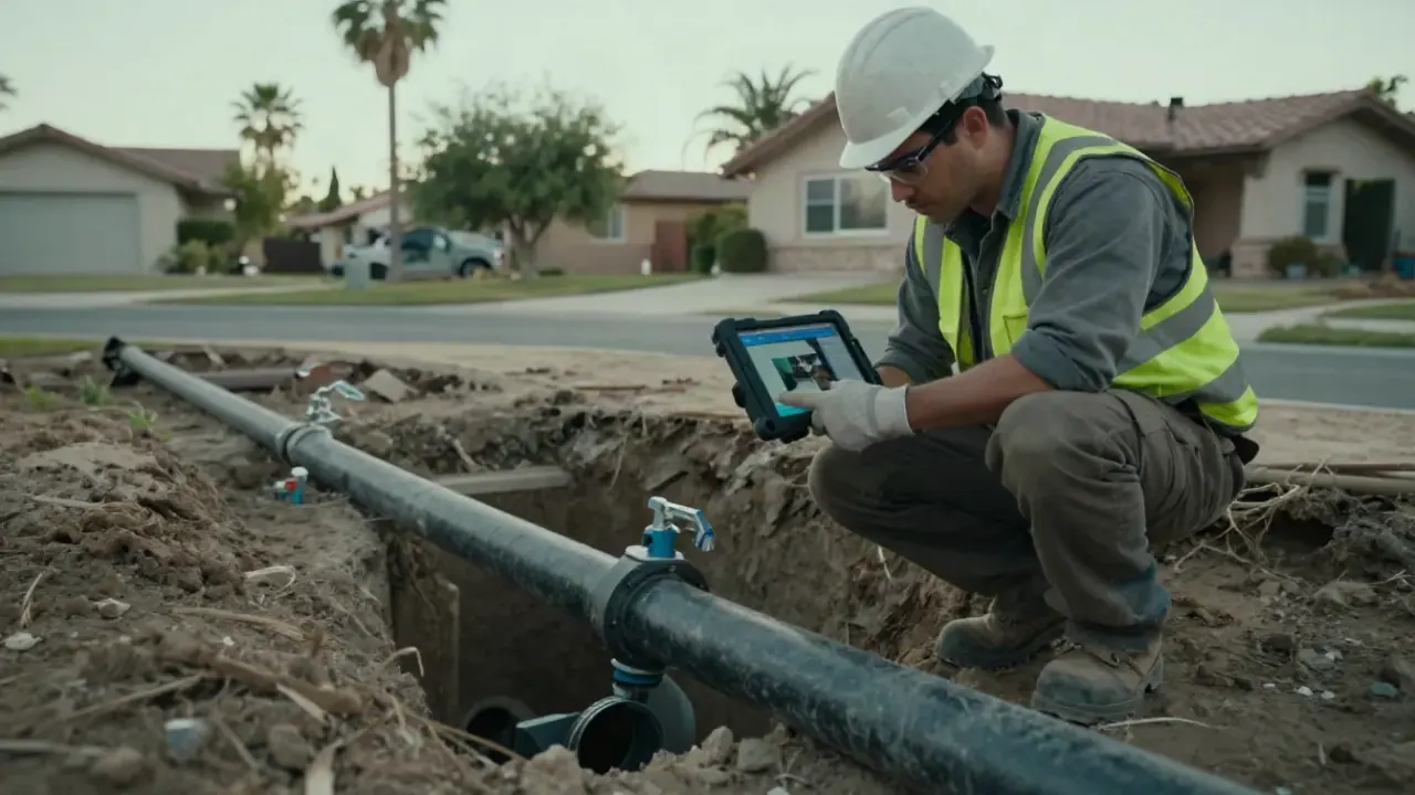 Sewer Lateral Inspection for Home Sales in Stanton, California: sewer line technician reviewing a detailed video recording