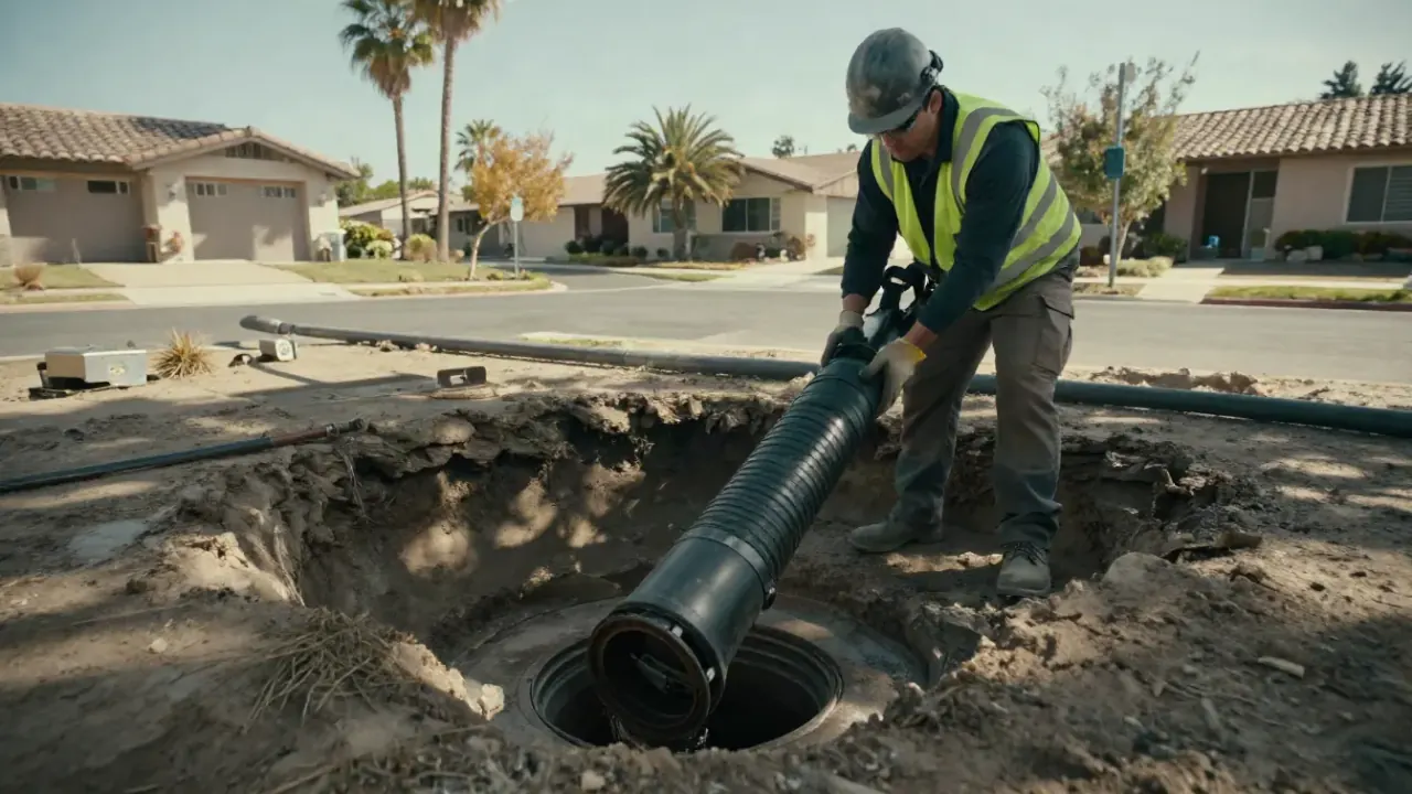 Sewer Line Repair in Stanton, California: sewer line technician in full safety gear guiding a large diameter sewer camera